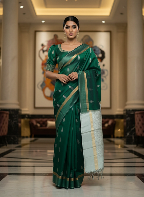 BOTLE Green Handloom Silk Saree with Zari Border|AS-002