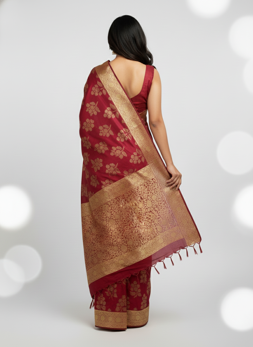 Marron Semi Silk Saree with Woven Border| AS-00245