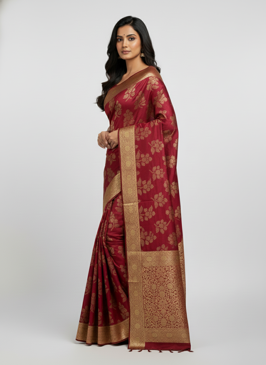 Marron Semi Silk Saree with Woven Border| AS-00245