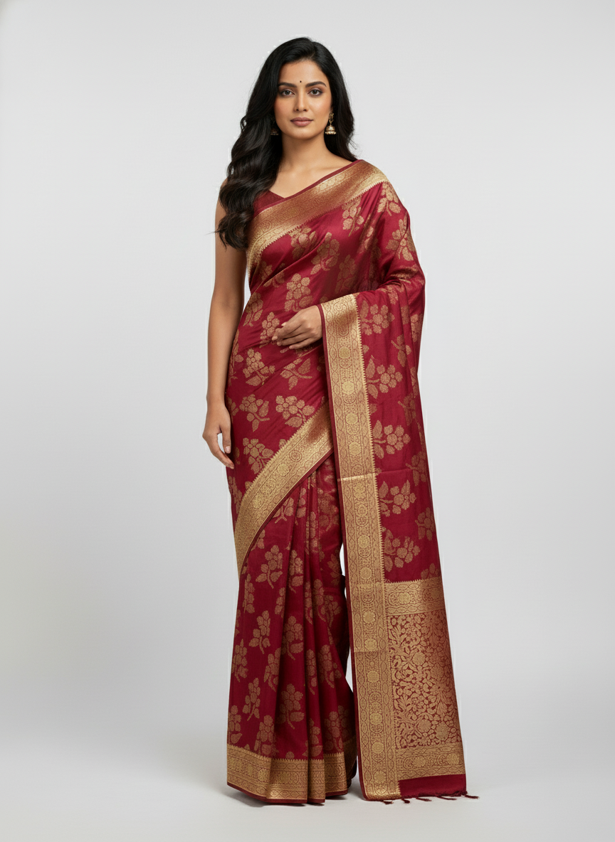 Marron Semi Silk Saree with Woven Border| AS-00245