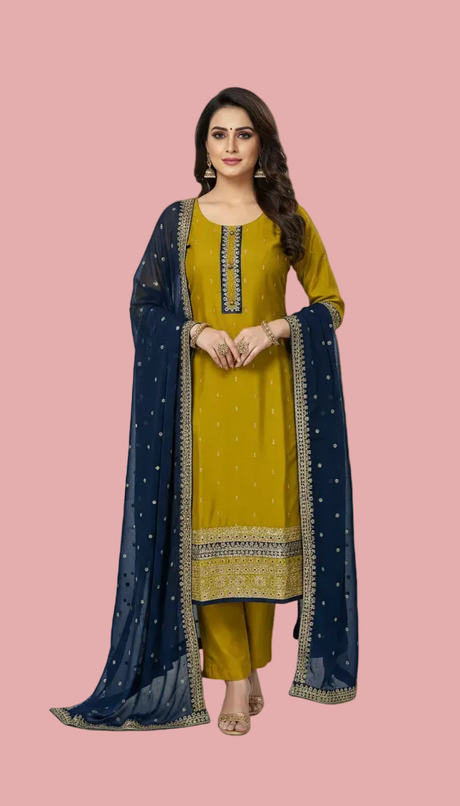 Mustard Yellow georgette Straight with Zori Work Panel|SC1_2