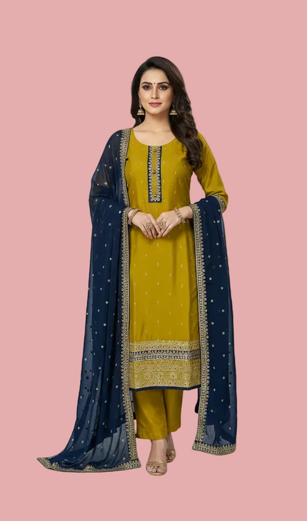 Mustard Yellow georgette Straight with Zori Work Panel|SC1_2