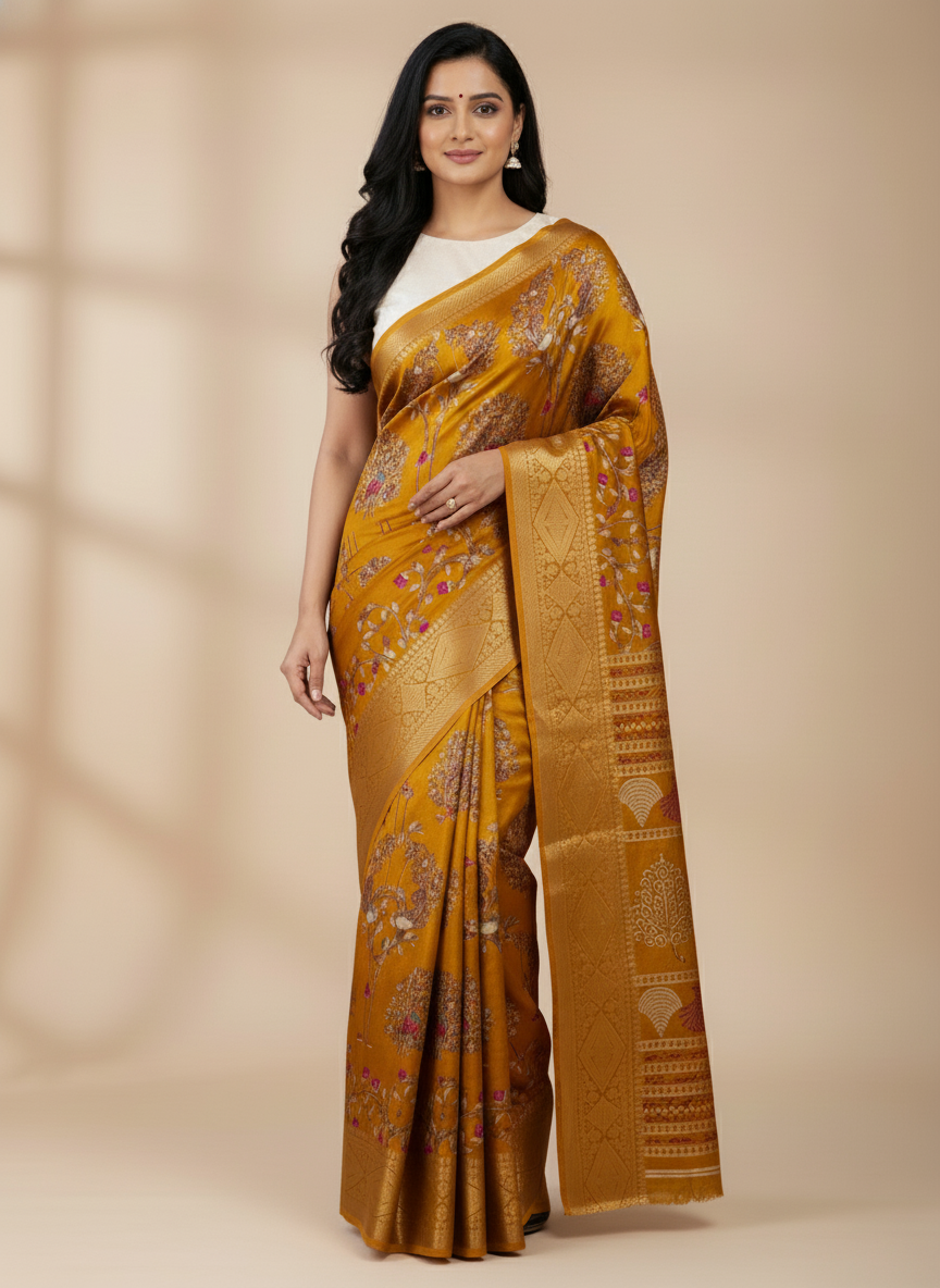 Emerald navy Printed Soft chiffon Saree | AS-0095