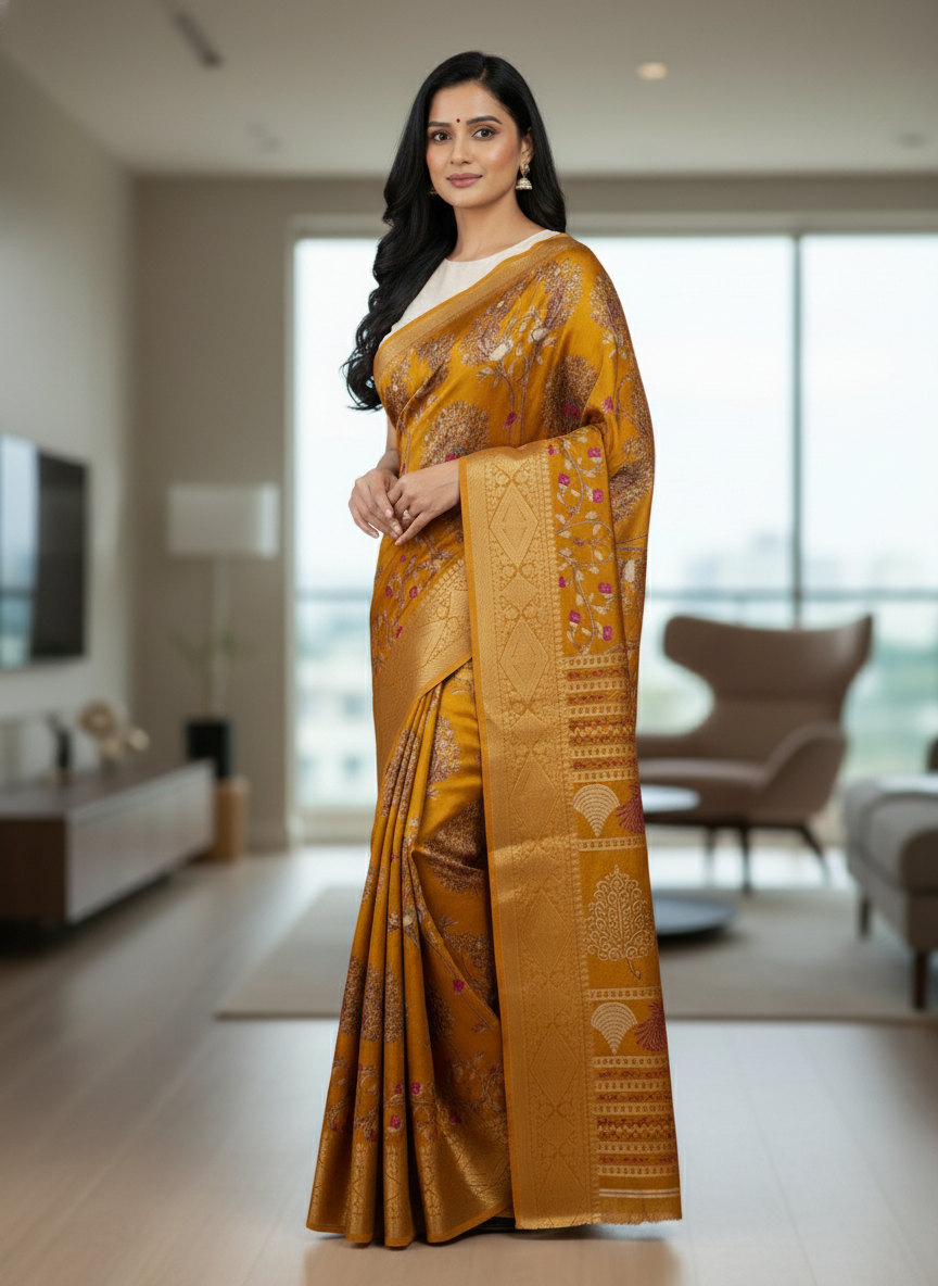 Emerald navy Printed Soft chiffon Saree | AS-0095