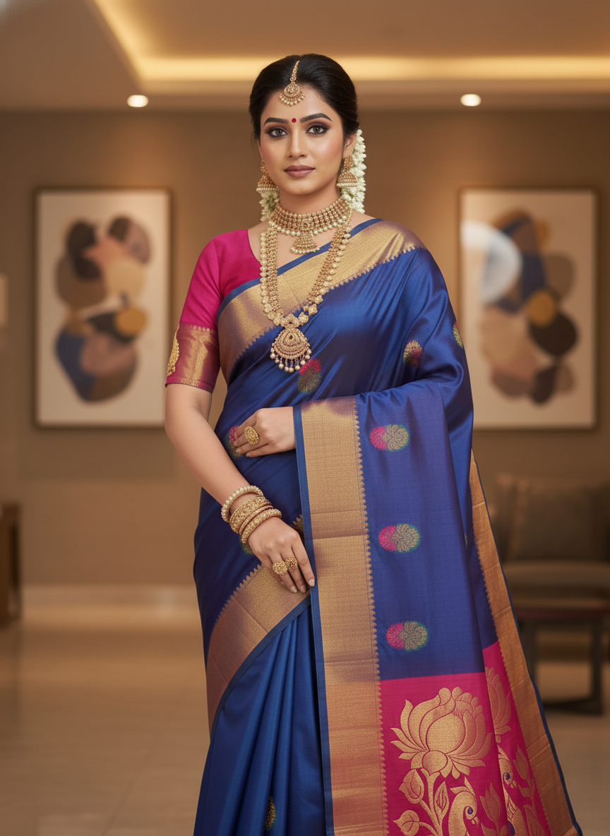 Navy blue Silk Woven Kanjivaram Saree|AS-0047