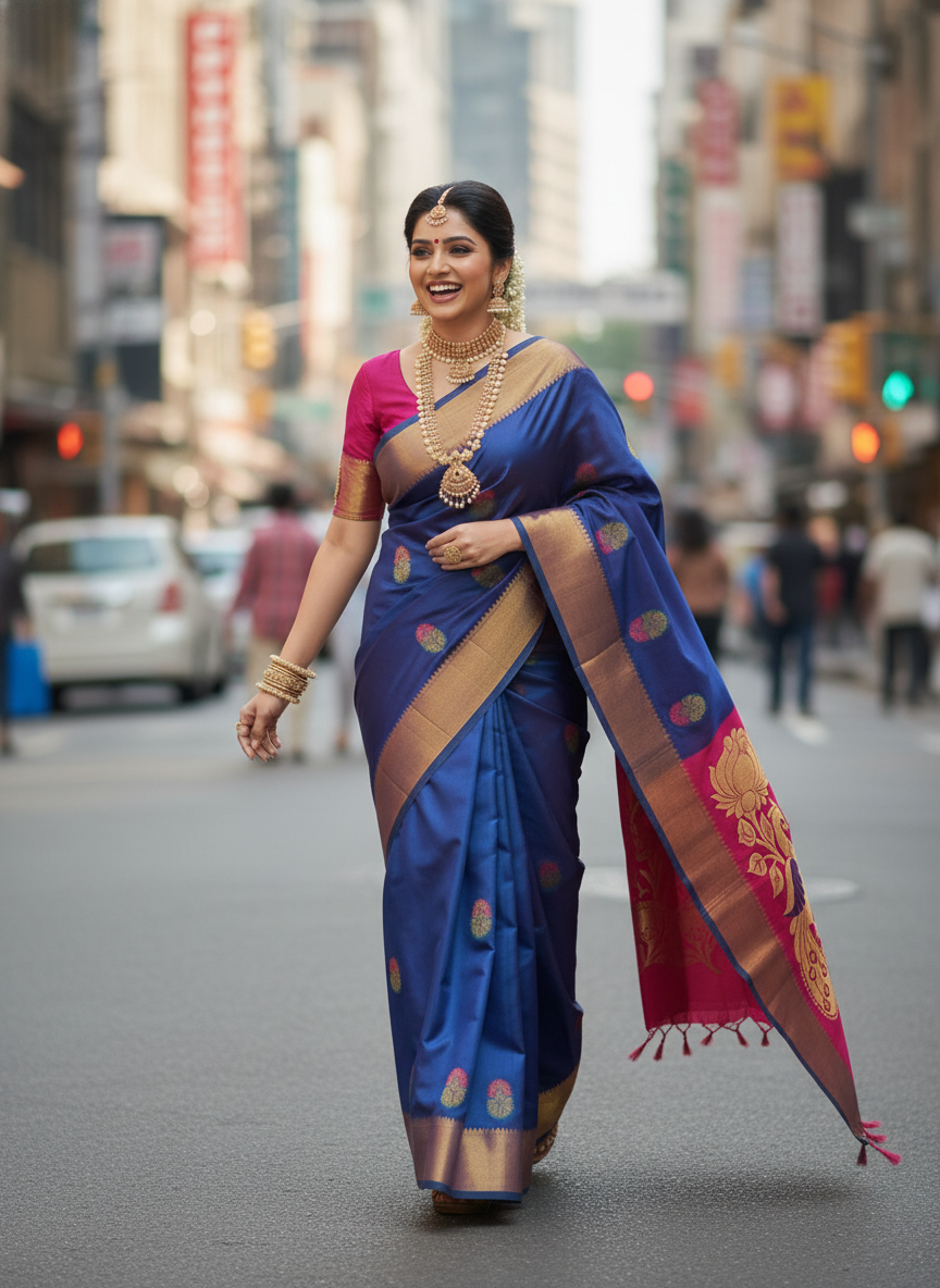 Navy blue Silk Woven Kanjivaram Saree|AS-0047