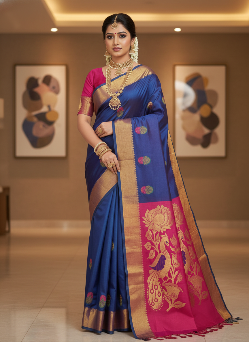 Navy blue Silk Woven Kanjivaram Saree|AS-0047