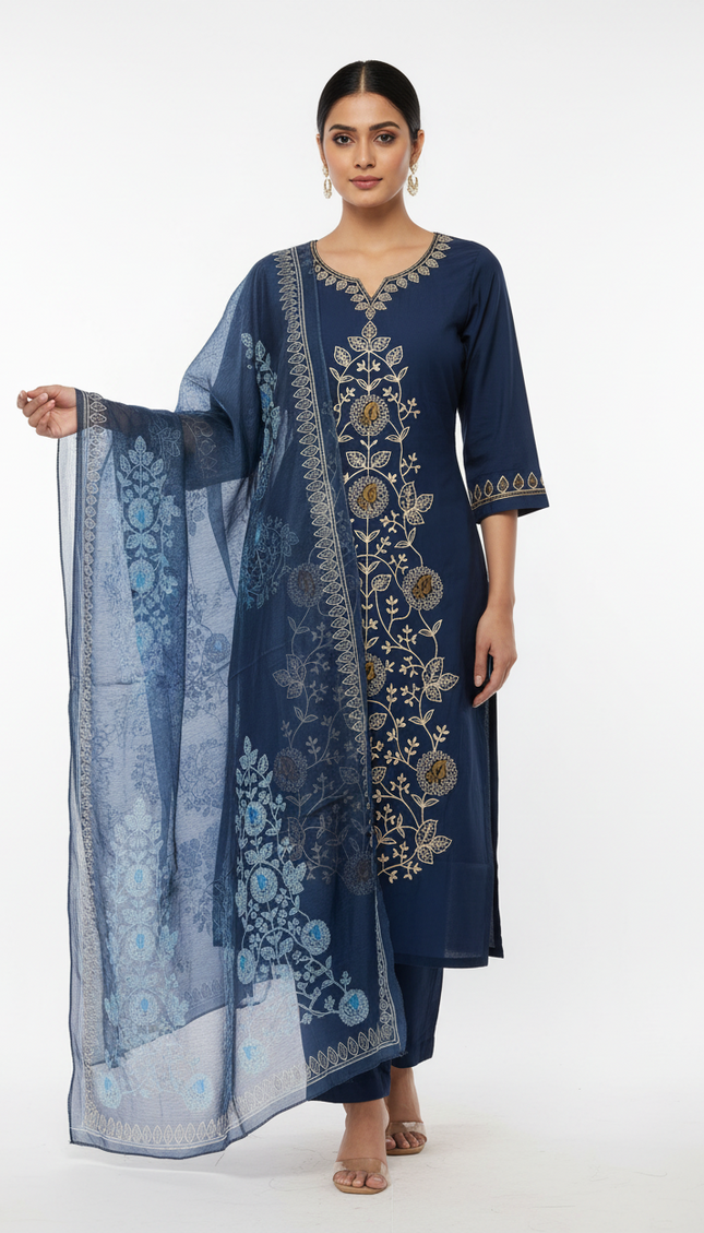 Navy Blue Floral Vine Embroidered Kurta Set with Chiffon Dupatta |SC12_4