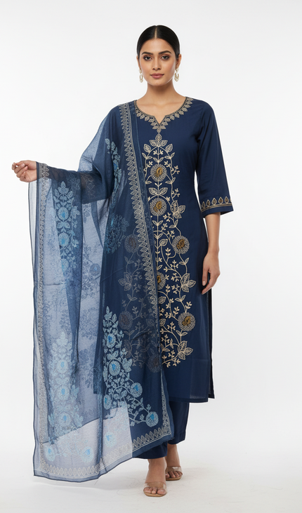 Navy Blue Floral Vine Embroidered Kurta Set with Chiffon Dupatta |SC12_4