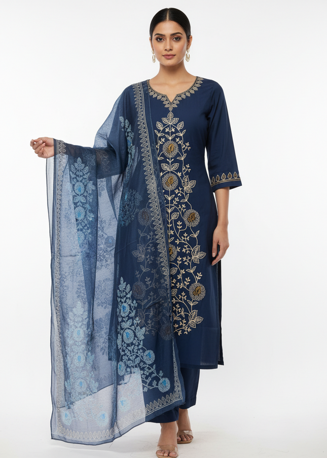 Navy Blue Floral Vine Embroidered Kurta Set with Chiffon Dupatta |SC12_4