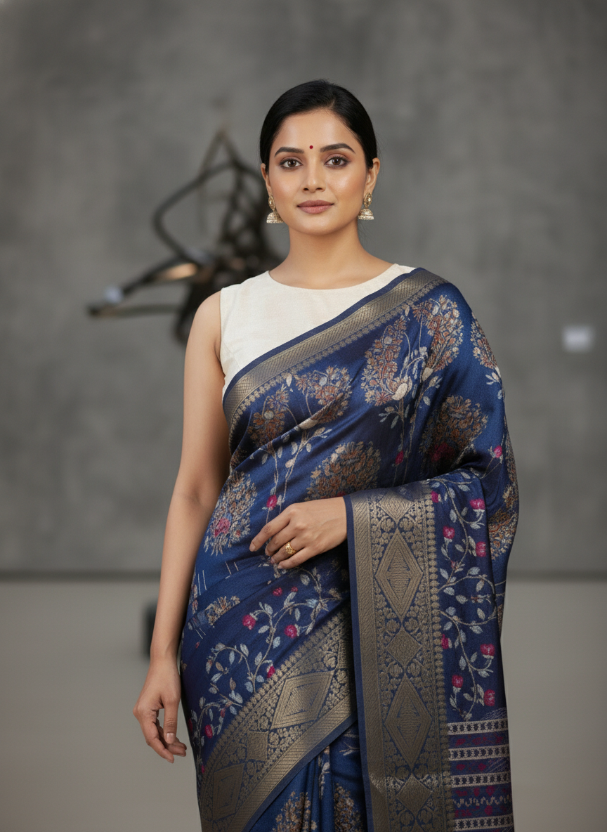 Emerald navy Printed Soft chiffon Saree | AS-0095