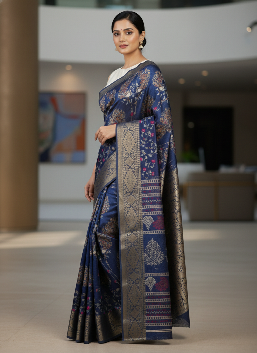 Emerald navy Printed Soft chiffon Saree | AS-0095