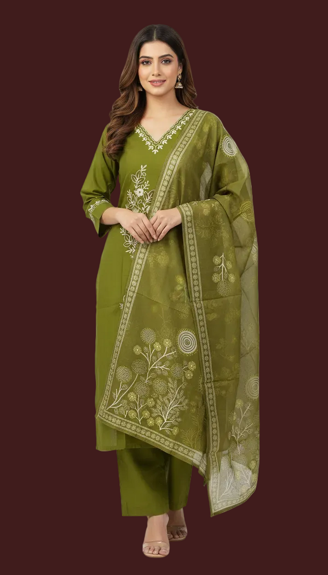 Olive Green Floral Bouquet Embroidered Kurta Set with Jacquard Dupatta |SC16_3