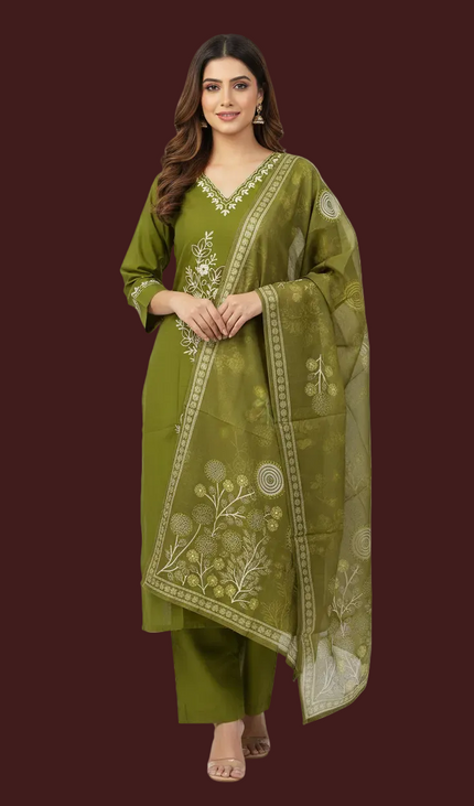 Olive Green Floral Bouquet Embroidered Kurta Set with Jacquard Dupatta |SC16_3