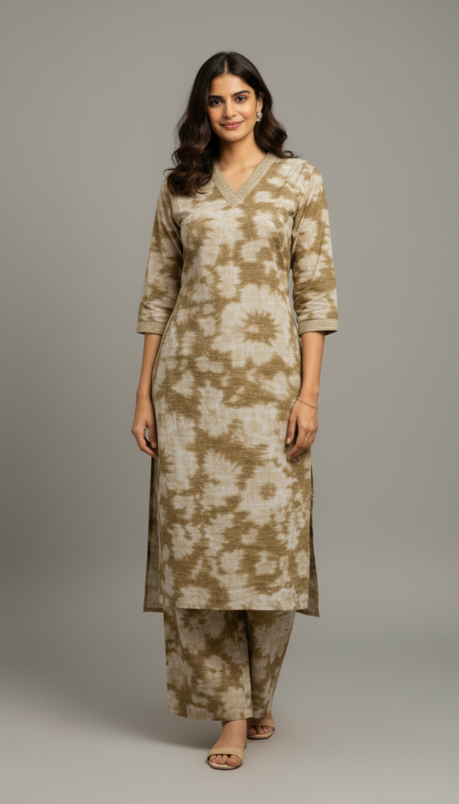 Cream Vatican Silk Printed Co-Ord Set For Women|K2_1