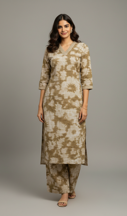 Cream Vatican Silk Printed Co-Ord Set For Women|K2_1