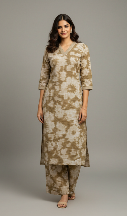 Cream Vatican Silk Printed Co-Ord Set For Women|K2_1