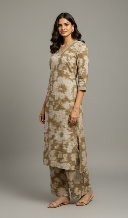 Cream Vatican Silk Printed Co-Ord Set For Women|K2_1