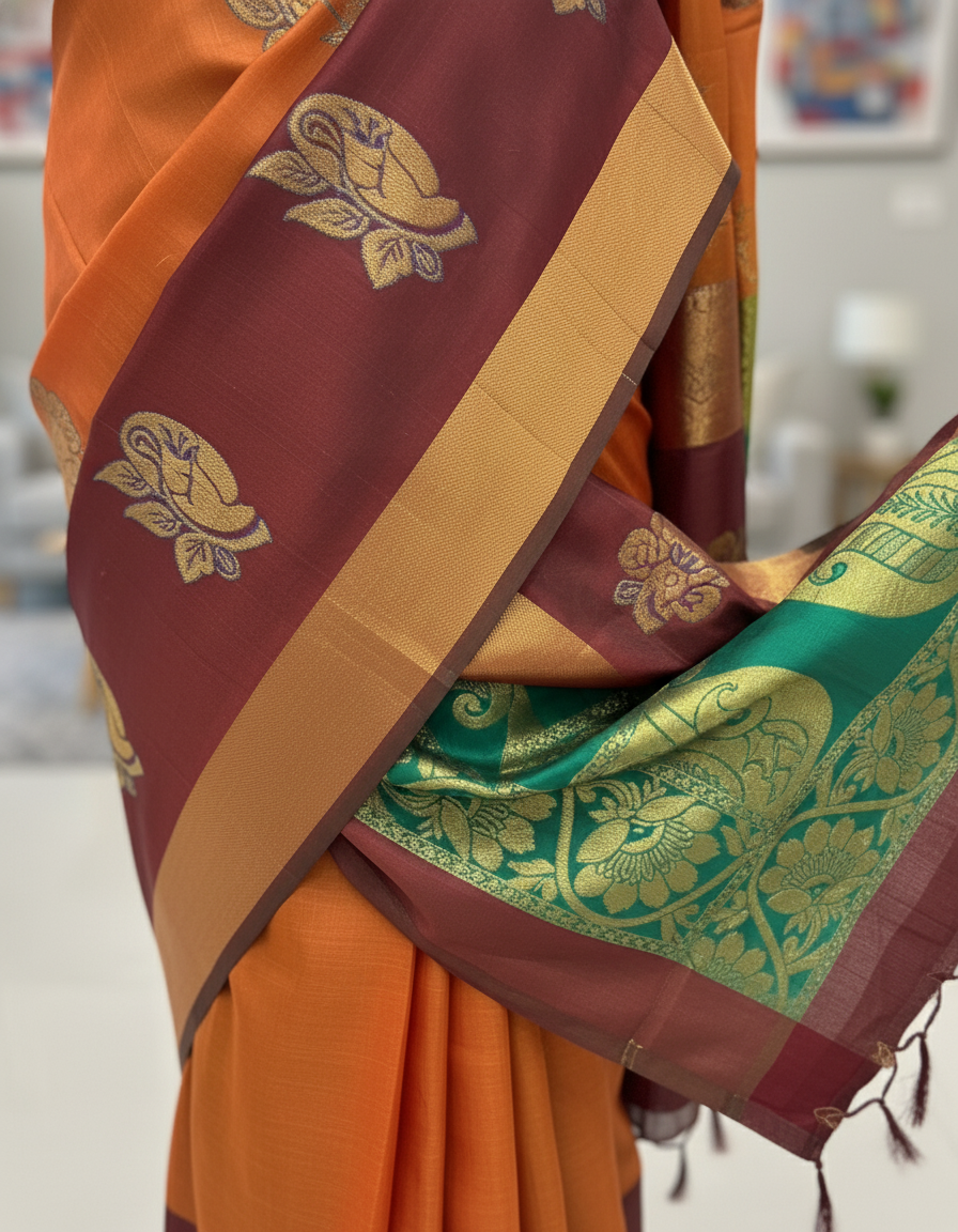 Silk Saree in orange with Maroon Zari Border & Rich Woven Pallu|AS-0044