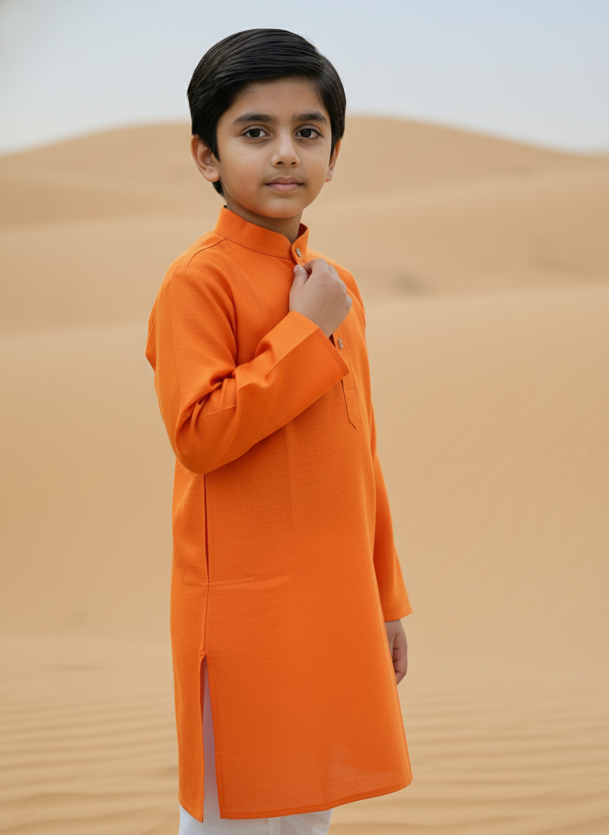 Orange Solid Kurta with white Pajama Set For Boys | AS-K4