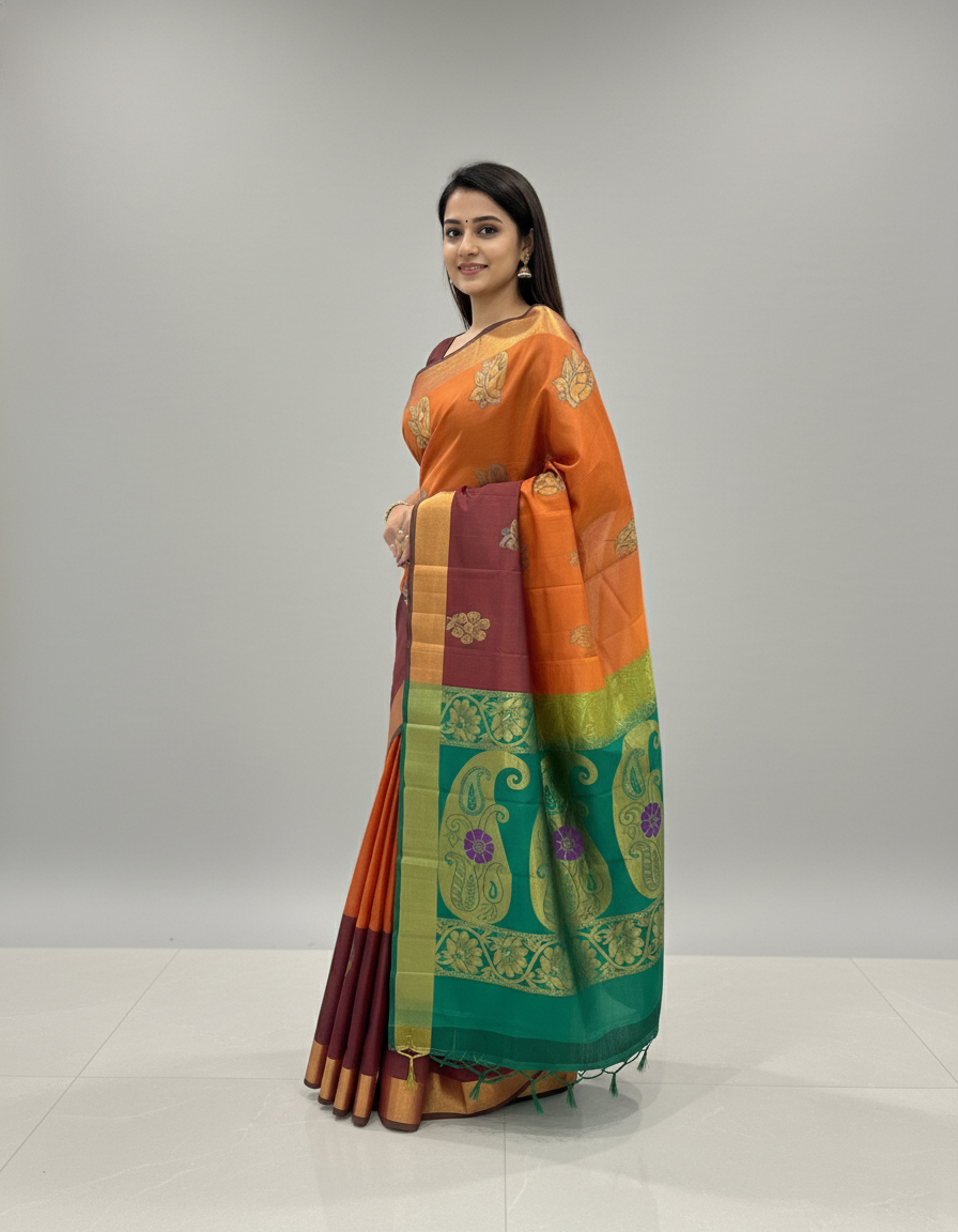 Silk Saree in orange with Maroon Zari Border & Rich Woven Pallu|AS-0044