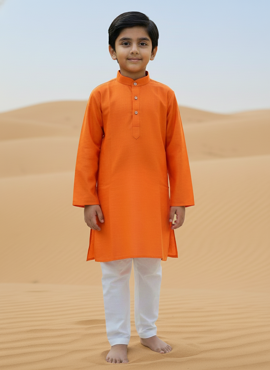 Orange Solid Kurta with white Pajama Set For Boys | AS-K4