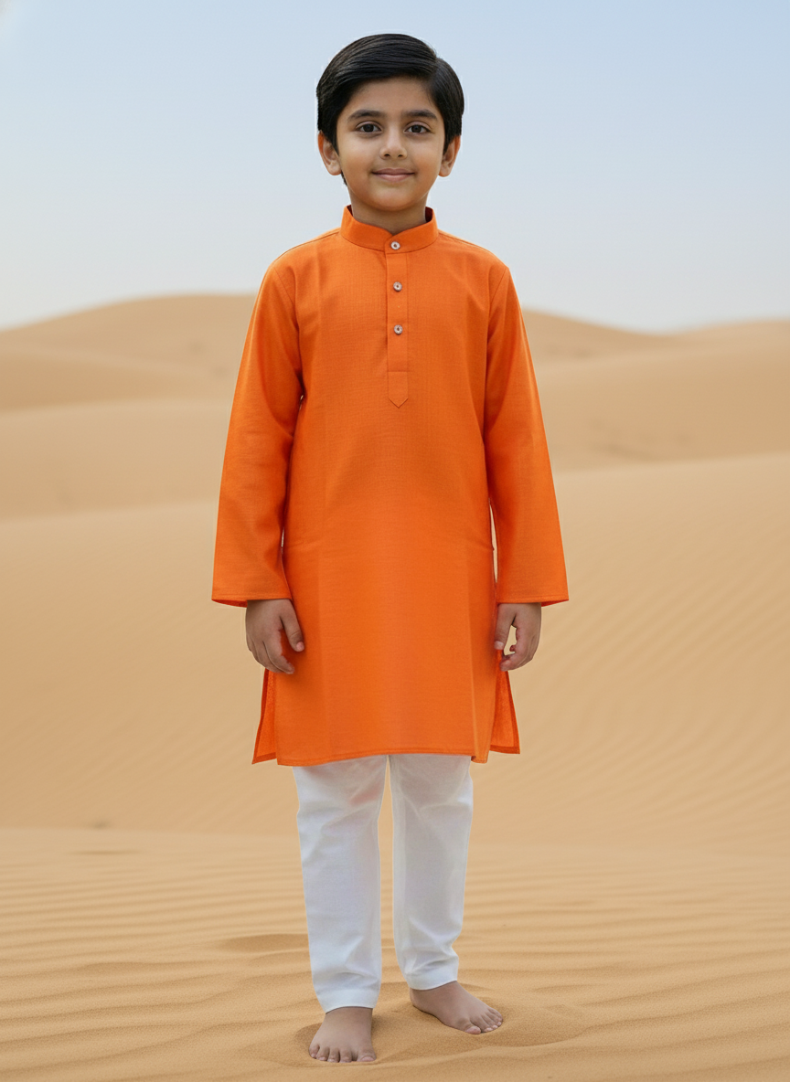 Orange Solid Kurta with white Pajama Set For Boys | AS-K4