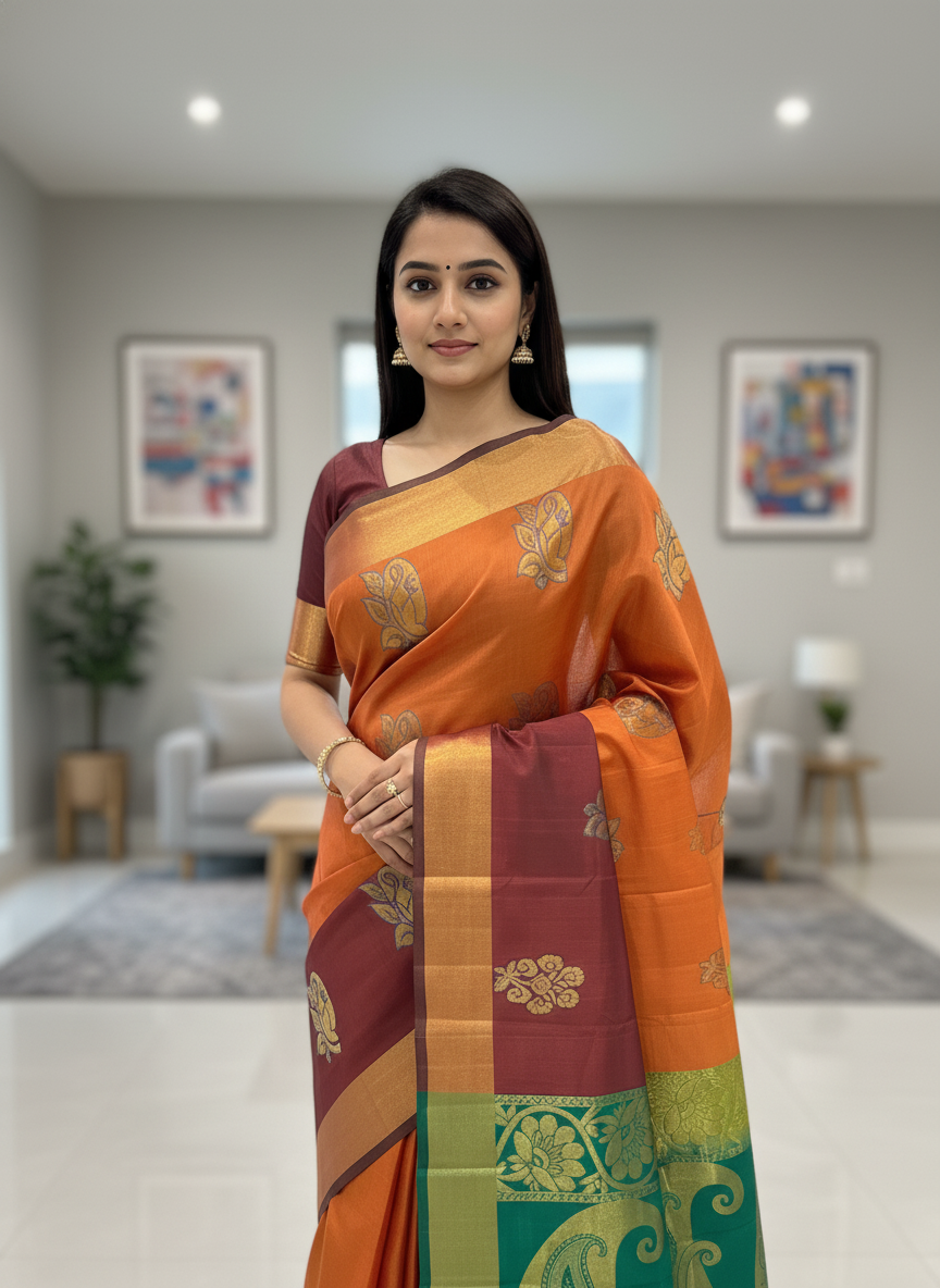 Silk Saree in orange with Maroon Zari Border & Rich Woven Pallu|AS-0044