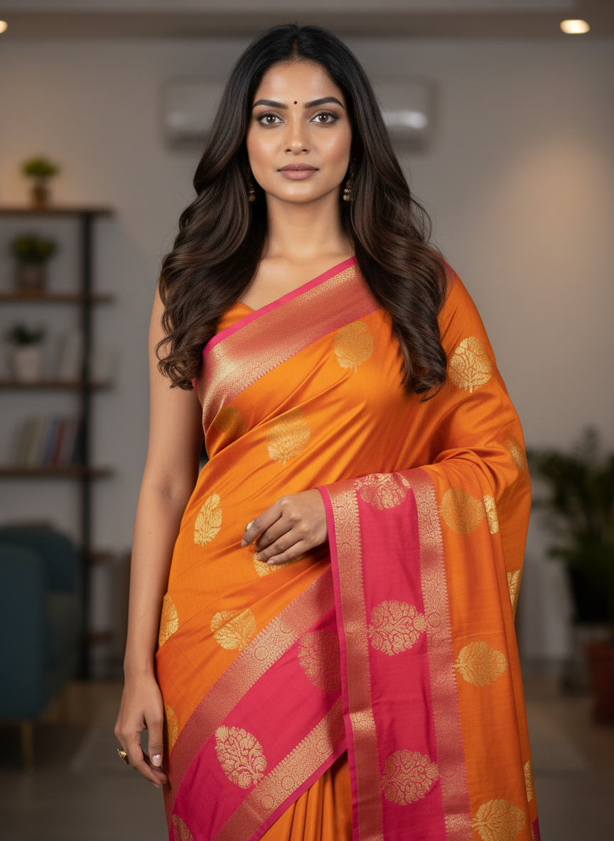 Orange Kanchipuram Silk Saree With Butta Design| AS-00122