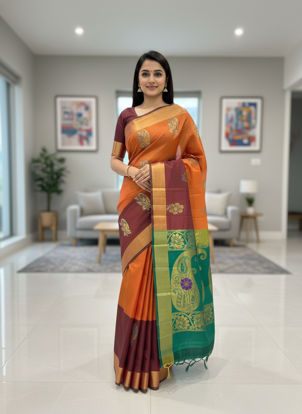 Silk Saree in orange with Maroon Zari Border & Rich Woven Pallu|AS-0044