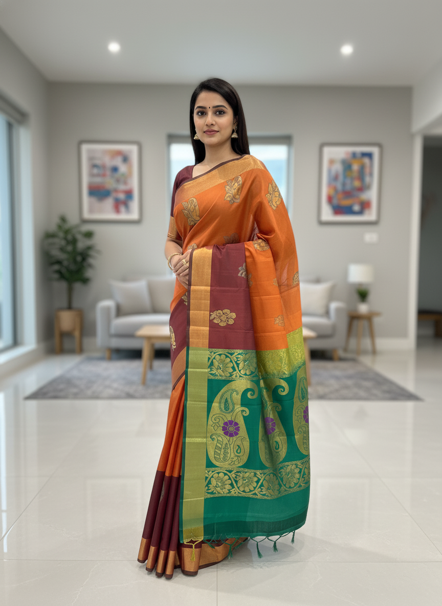 Silk Saree in orange with Maroon Zari Border & Rich Woven Pallu|AS-0044