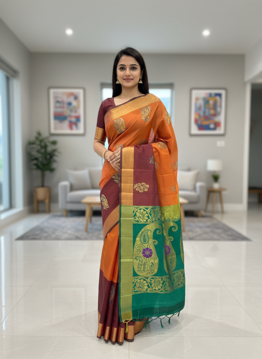 Silk Saree in orange with Maroon Zari Border & Rich Woven Pallu|AS-0044