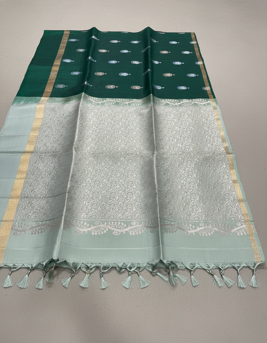 BOTLE Green Handloom Silk Saree with Zari Border|AS-002