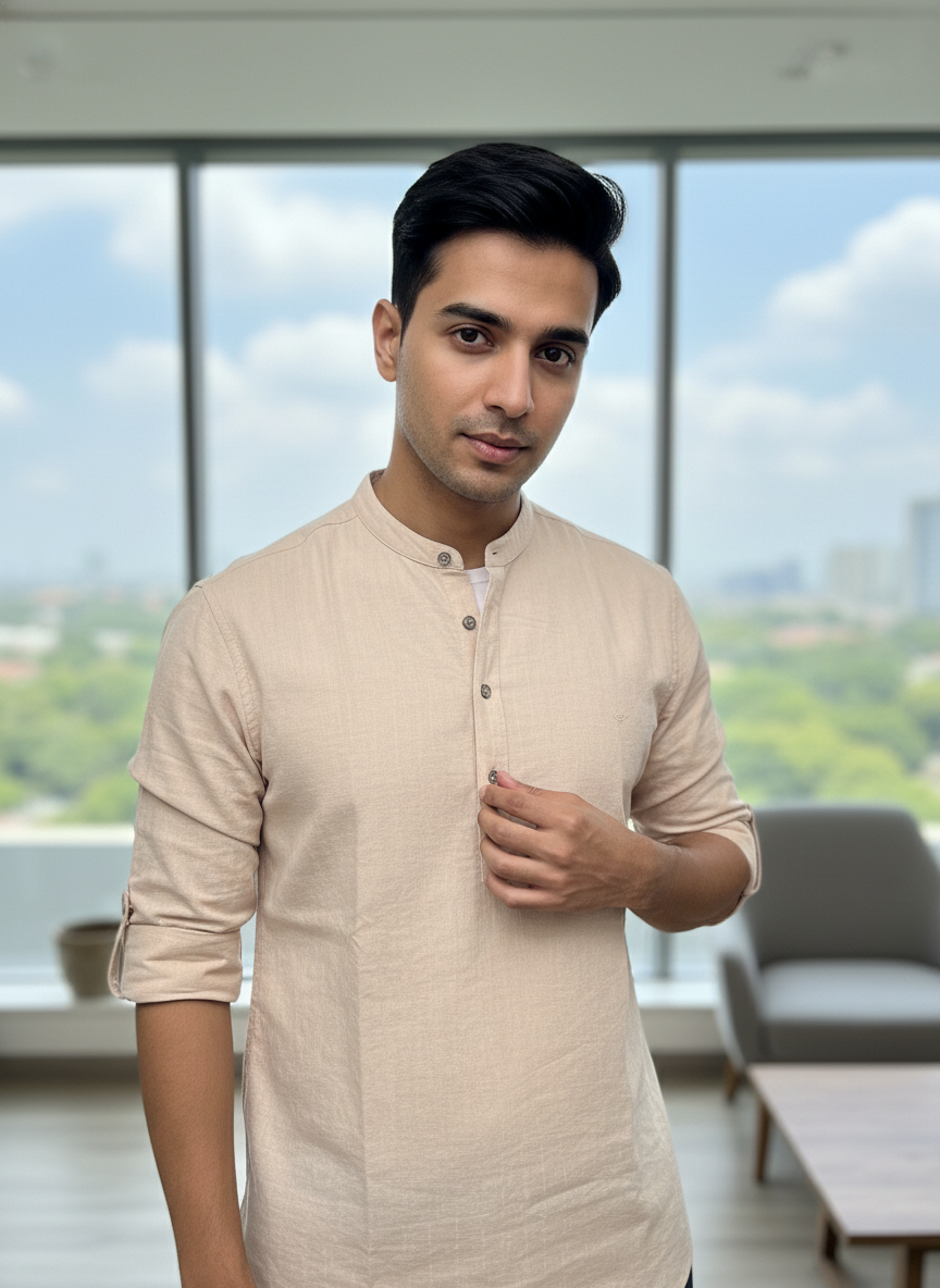 Men's Textured Cotton Short Kurta | Roll-Up Sleeves | 162