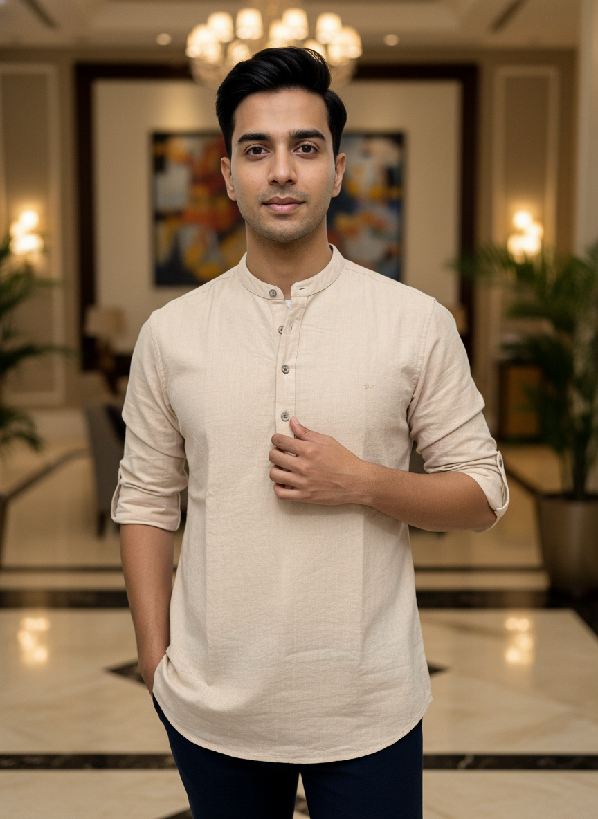 Men's Textured Cotton Short Kurta | Roll-Up Sleeves | 162