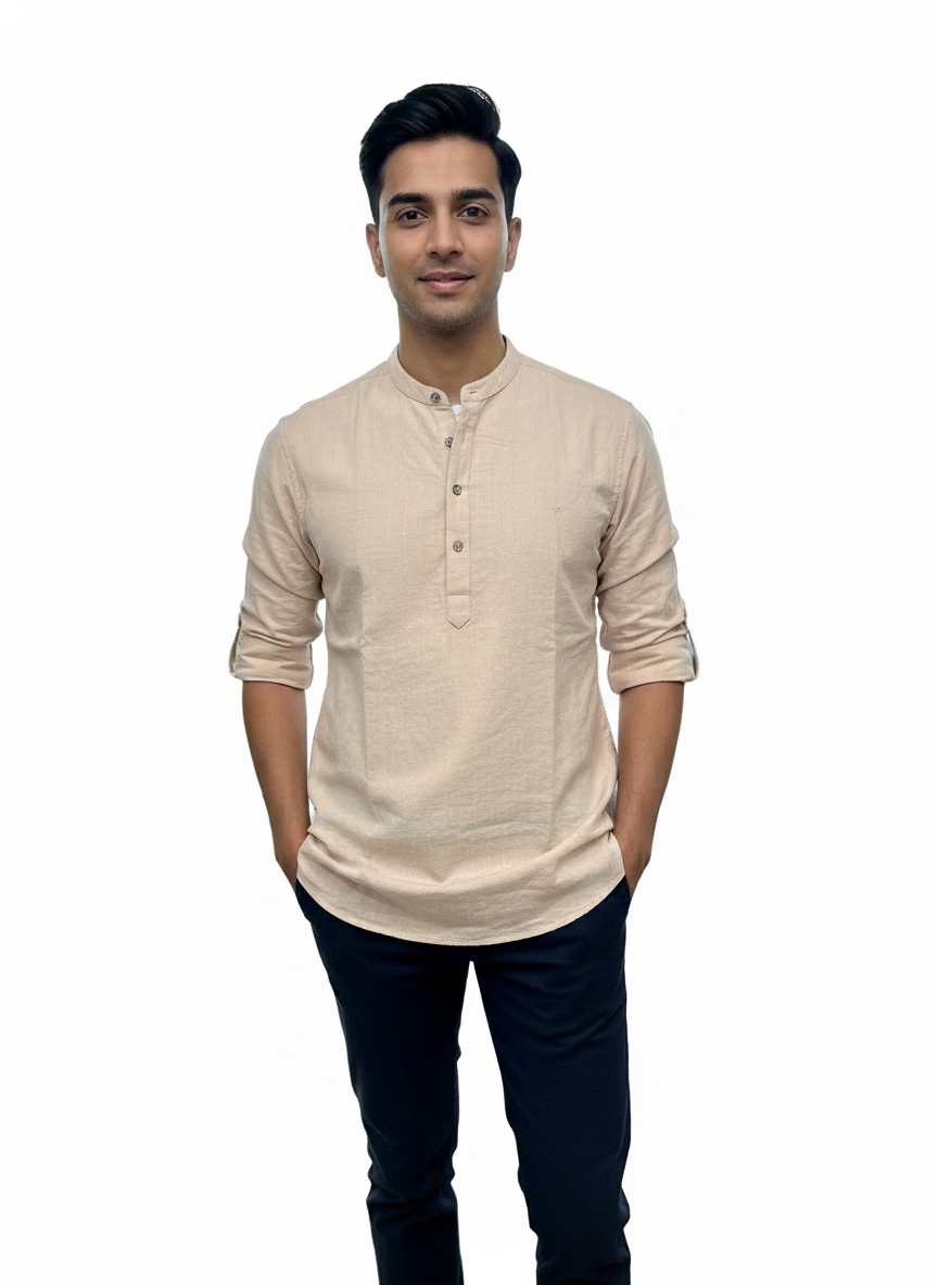 Men's Textured Cotton Short Kurta | Roll-Up Sleeves | 162