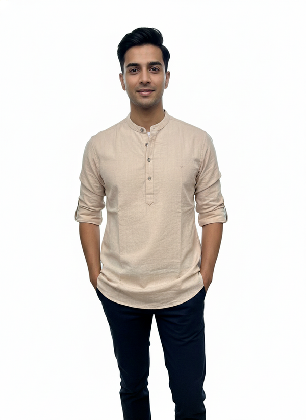Men's Textured Cotton Short Kurta | Roll-Up Sleeves | 162