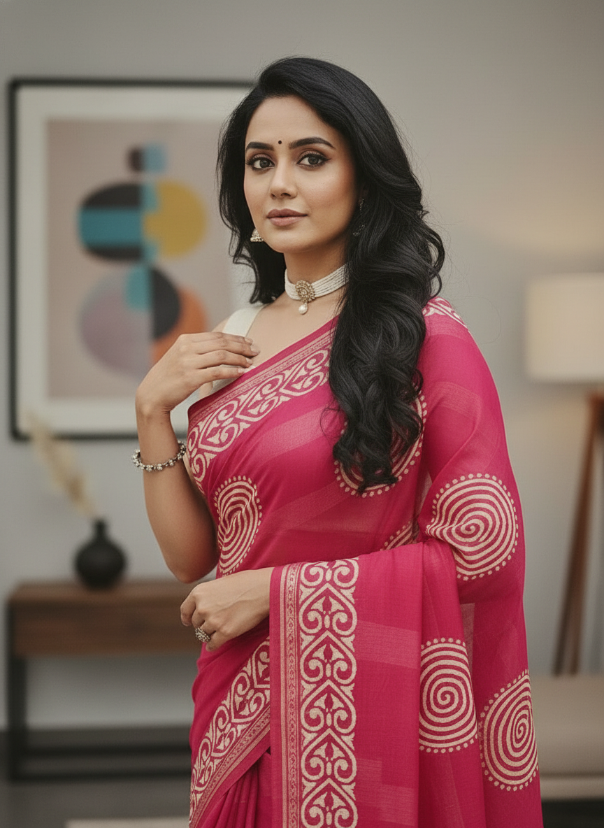 Emerald wine Printed Soft chiffon Saree | AS-0093