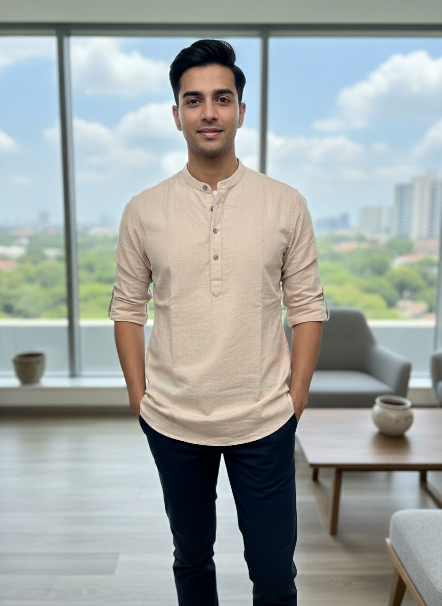 Men's Textured Cotton Short Kurta | Roll-Up Sleeves | 162