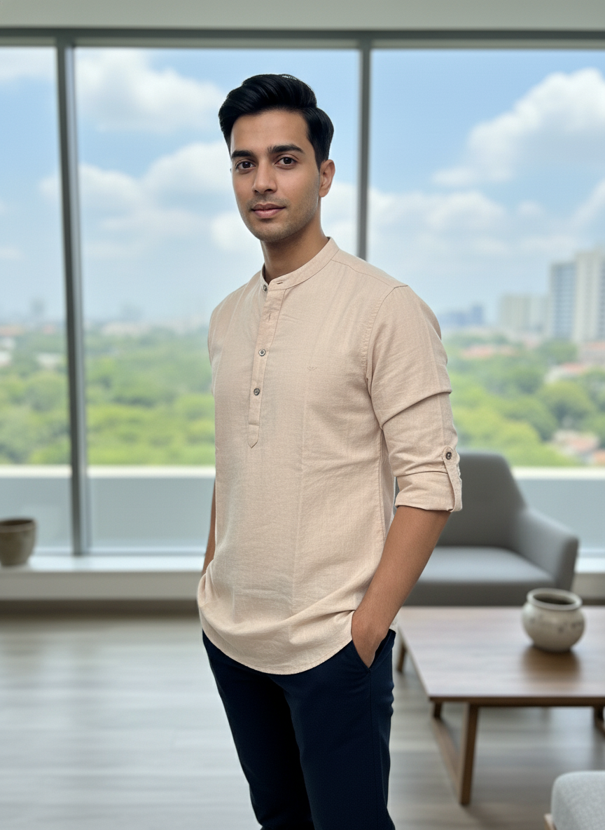 Men's Textured Cotton Short Kurta | Roll-Up Sleeves | 162