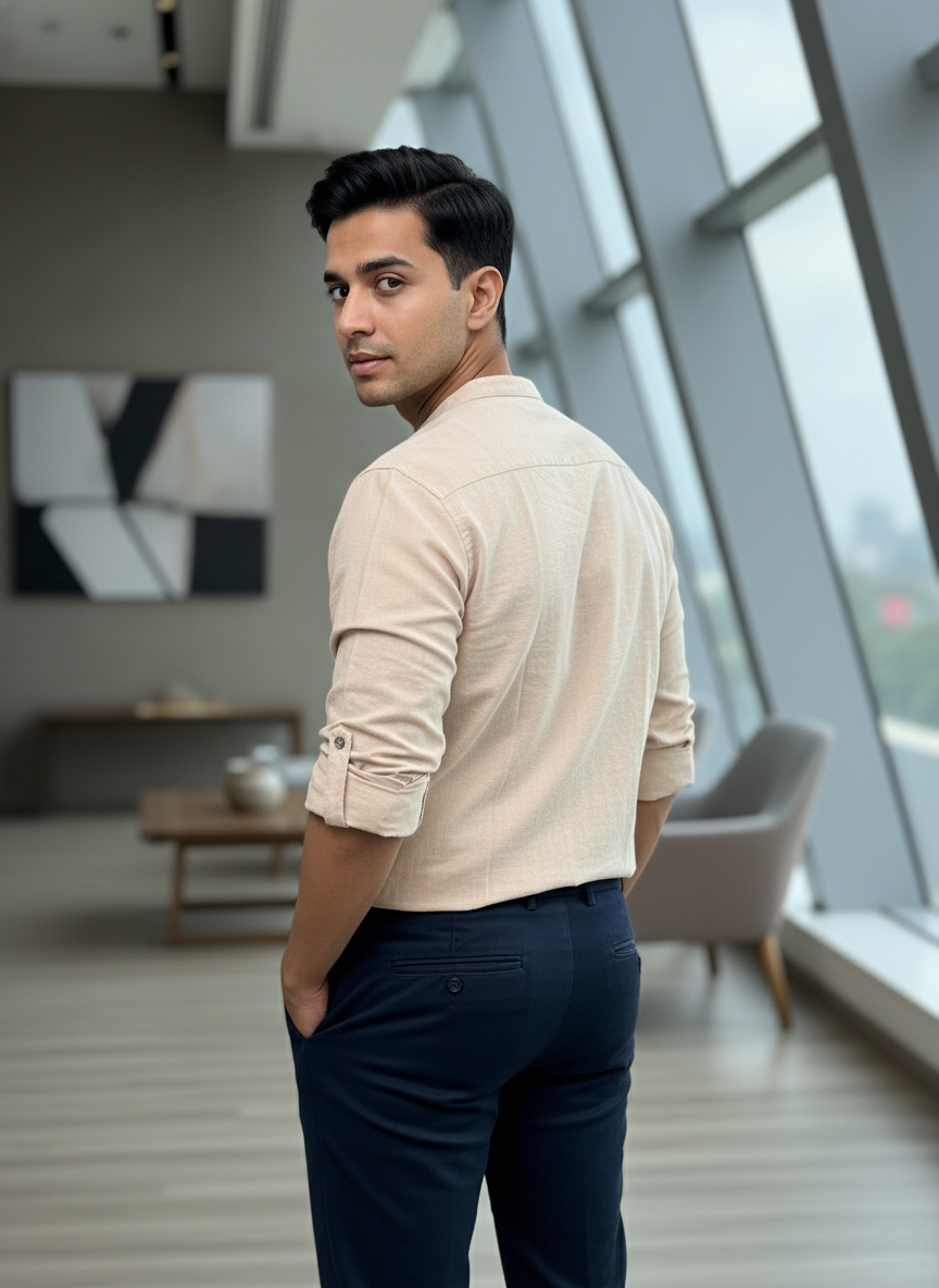 Men's Textured Cotton Short Kurta | Roll-Up Sleeves | 162