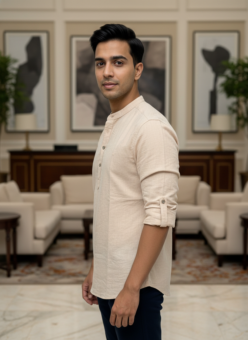 Men's Textured Cotton Short Kurta | Roll-Up Sleeves | 162