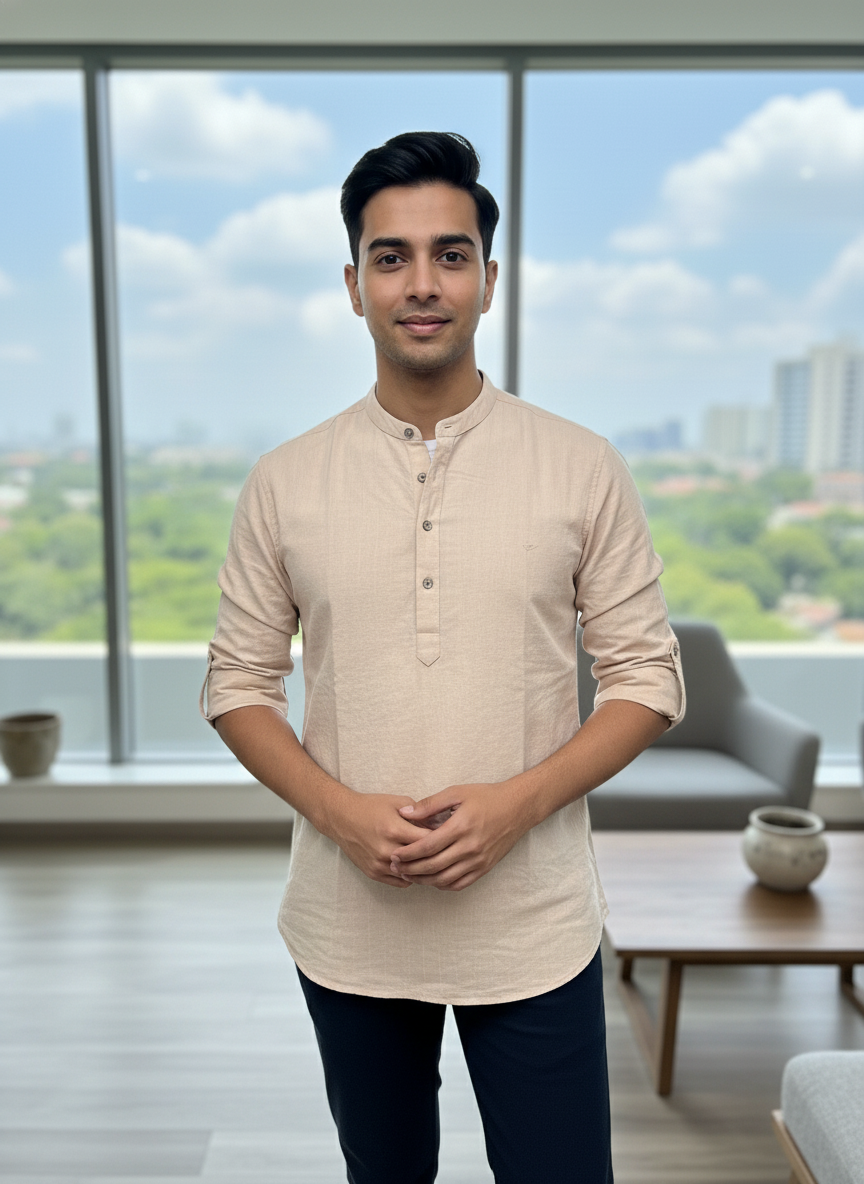Men's Textured Cotton Short Kurta | Roll-Up Sleeves | 162