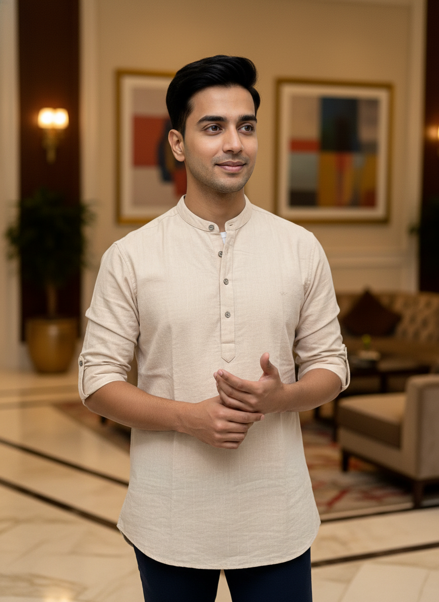 Men's Textured Cotton Short Kurta | Roll-Up Sleeves | 162