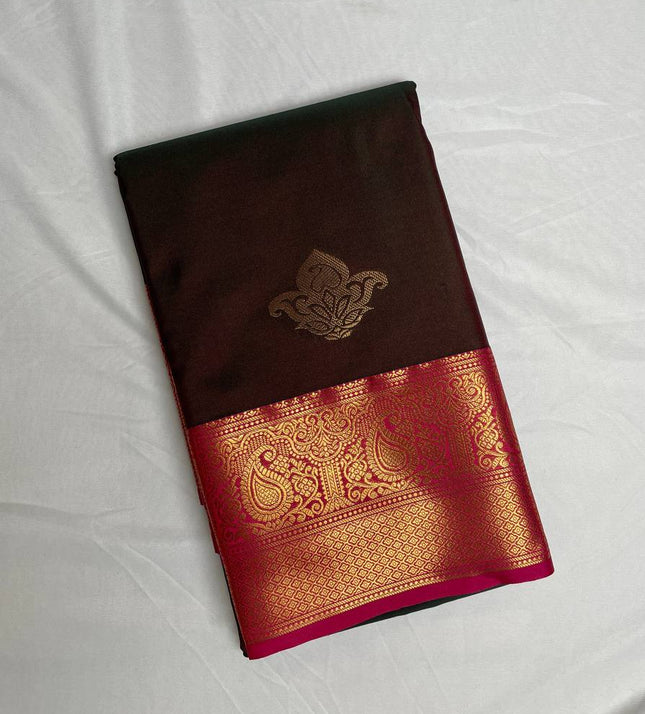Dark Brown Semi Kanchipuram Silk Saree with Rich Zari Border|S1