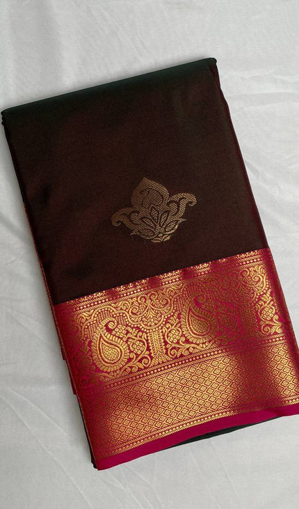 Dark Brown Semi Kanchipuram Silk Saree with Rich Zari Border|S1