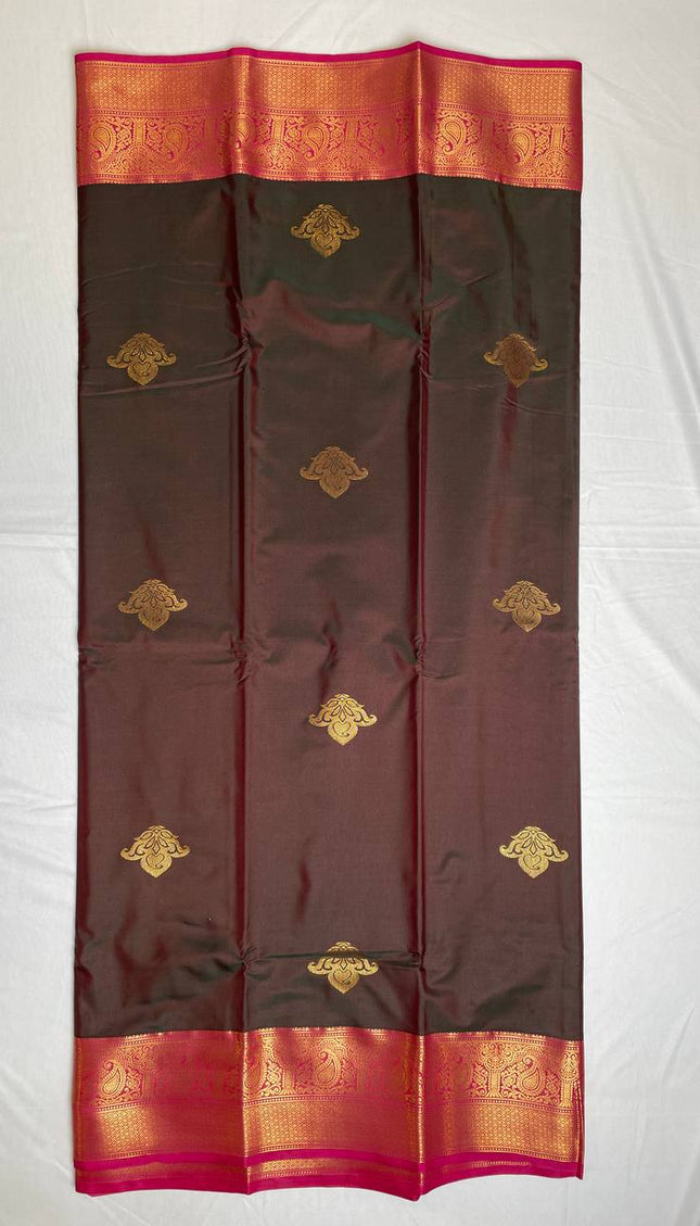 Dark Brown Semi Kanchipuram Silk Saree with Rich Zari Border|S1