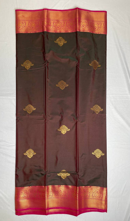 Dark Brown Semi Kanchipuram Silk Saree with Rich Zari Border|S1
