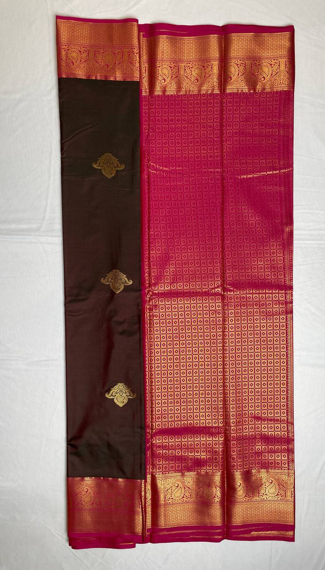 Dark Brown Semi Kanchipuram Silk Saree with Rich Zari Border|S1