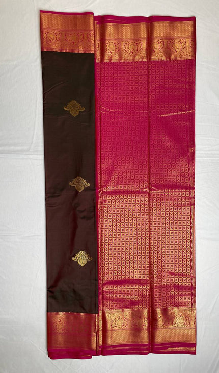 Dark Brown Semi Kanchipuram Silk Saree with Rich Zari Border|S1